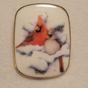 Vintage Porcelain Cameo Cardinal Couple Pin Brooch